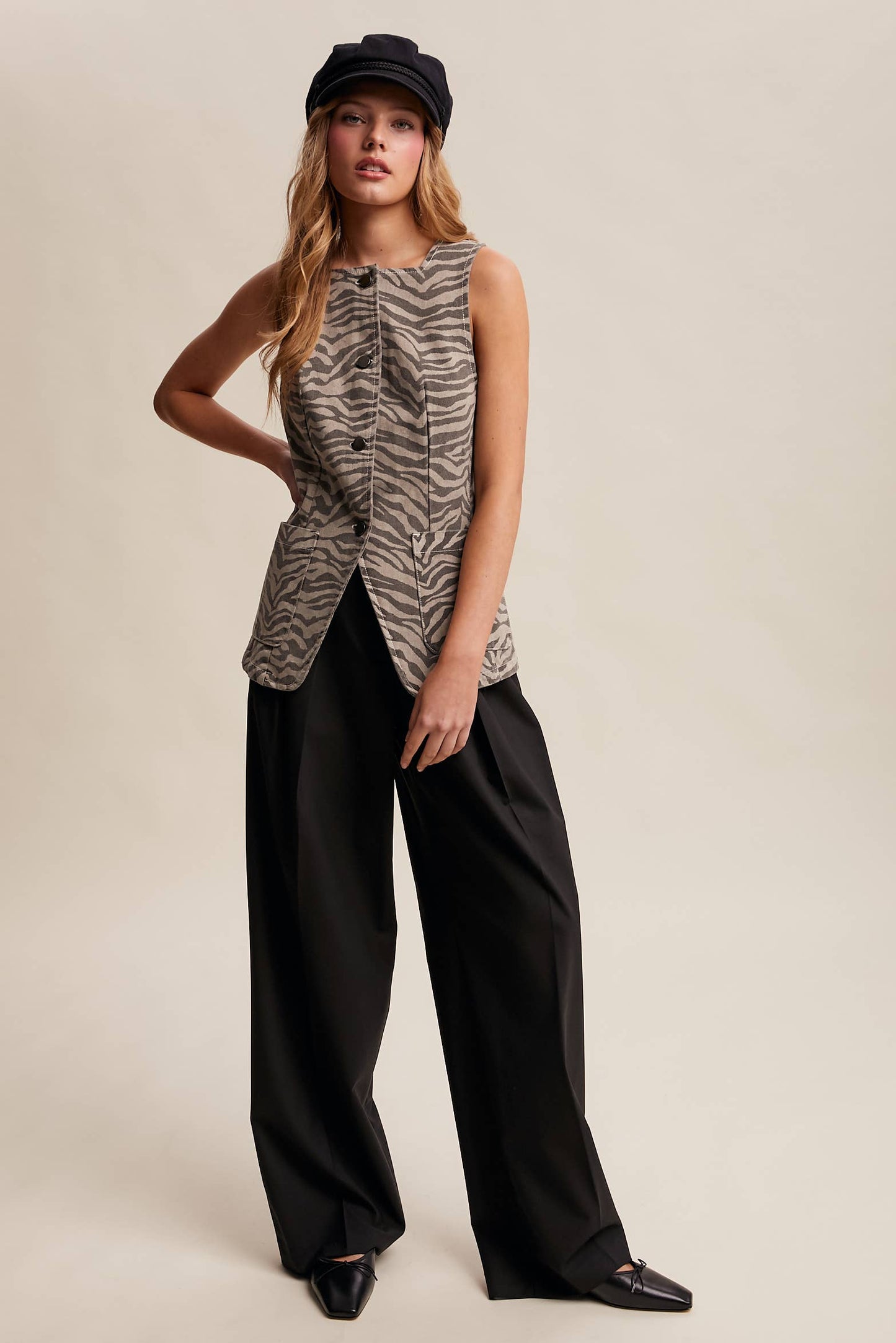 Zebra Print Button-Front Denim Vest—Mocha