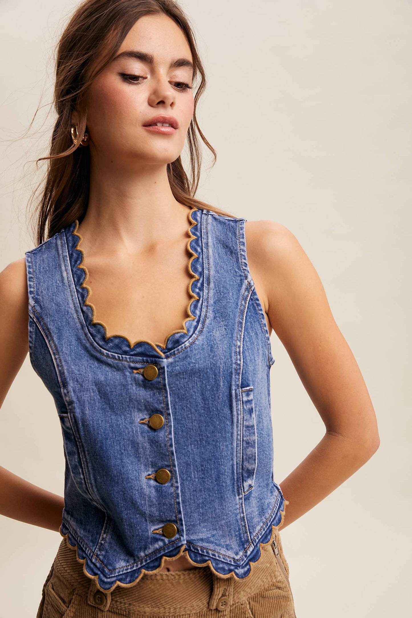 Scallop Trim Stretch Denim Vest—Drift Blue