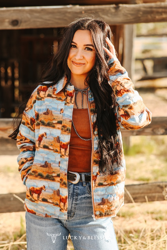 Desert Horse Printed Quilted Jacket W Front Pockets